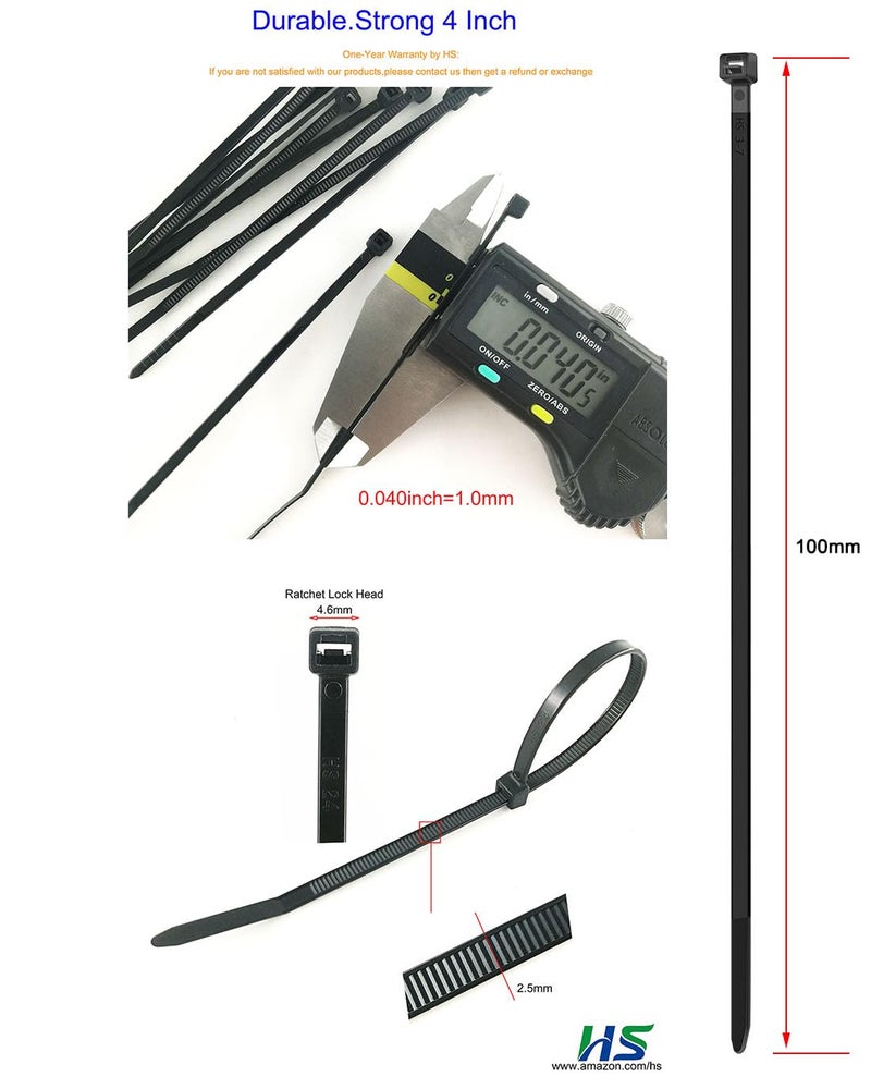 HS رباطات بلاستيكية متينة HS بطول 4 بوصات (عبوة كبيرة - 1000 حزمة) روابط رفيعة صغيرة 18 رطل روابط كابلات نايلون ذات قفل ذاتي لتنظيم الإلكترونيات، روابط سلكية سوداء مقاومة للأشعة فوق البنفسجية - Image 2